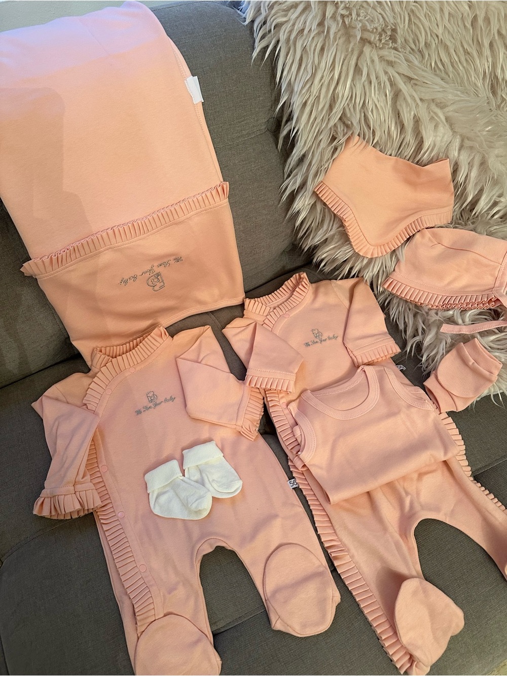 Peach Ruffle Trim Baby One-Piece Set - Soft Peach cotton